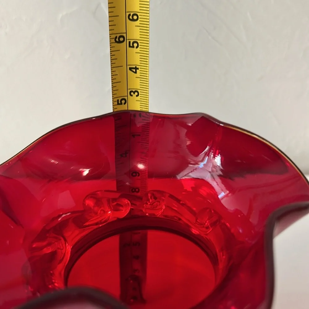 Viking Glass Ruby Red and Clear Ruffle Top Bud Glass Vase Marked